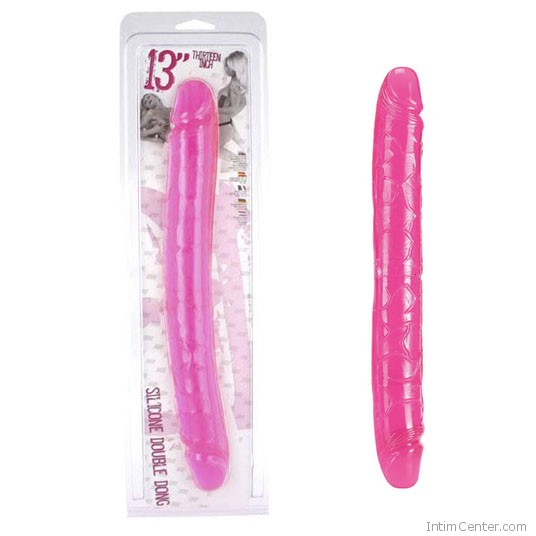 Élethűen erezetes, rózsaszín kétvégű dildó